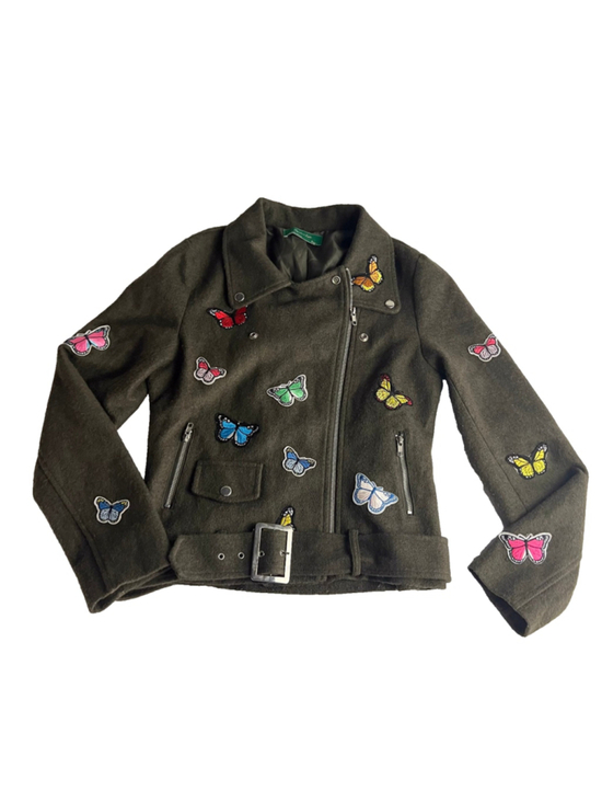 Signature Eight Jackets & Blazers - Signature Eight Butterfly Embroidered Moto Jacket Olive Green Wool Blend Biker L